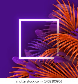 Tropical leaf background. Branch palm realistic. Leaves and branches of palm trees. Orange and violet color foliage, tropic leaves pattern. Neon frame blank space for text, flat lay, view from above.