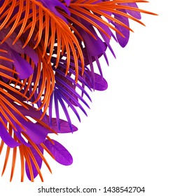 Tropical leaf background. Branch palm realistic. Leaves and branches of palm trees. Orange and violet color foliage, tropic leaves pattern. Backdrop flat lay, view from above. vector illustration