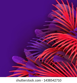 Tropical leaf background. Branch palm realistic. Leaves and branches of palm trees. Orange and violet color foliage, tropic leaves pattern. Backdrop flat lay, view from above. vector illustration