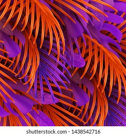 Tropical leaf background. Branch palm realistic. Leaves and branches of palm trees. Orange and violet color foliage, tropic leaves pattern. Backdrop flat lay, view from above. vector illustration