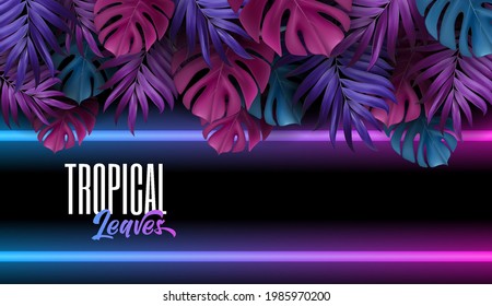 Tropical leaf background. Neon lights. Branch palm realistic. Leaves and branches of palm trees. Blue and violet color foliage, tropic leaves pattern. Pace for text.