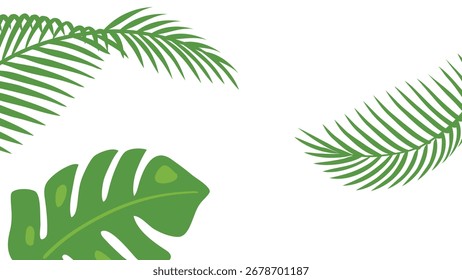 Fondo de hoja tropical. Hoja de palmera de verano. Color de Naturaleza. Ilustración vectorial dibujada a mano. Plantilla de diseño de tarjeta de felicitación. Concepto de decoración