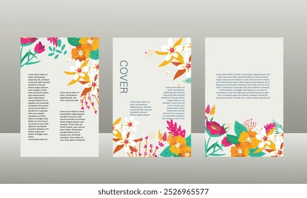 
A tropical leaf banner featuring lush green jungle plants, exotic flowers, and a nature frame with banana, monstere, and coconut palm foliage. This vector design offers realistic elements perfect 