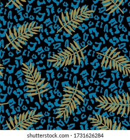 Tropical leaf and blue leopard pattern design, vector illustration background