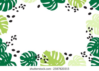 Tropical Leaf Border with Monstera Leaves, trendy abstract floral design, place for a text 