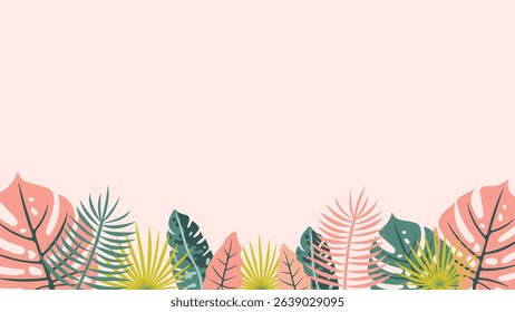 Tropical Leaf Border on Pastel Background. Decorative Frame with Exotic Plants, Botanical Pattern, and Empty Space. Perfect for banners, invitations, posters, and summer designs.