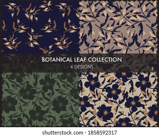Tropical Leaf botanical seamless pattern collection includes 4 design swatches for fashion prints, graphics, backgrounds and crafts