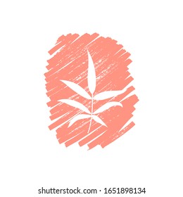 Tropical leaf with coral pink colored spot, stripes. Exotic leaf on white background, stamp. Vector isolated illustration. For web design, banners, logos, cards, printing on clothing, textile, bags.