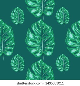 Tropical leaf design featuring blue Monstera plant leaves. Seamless repeating pattern.