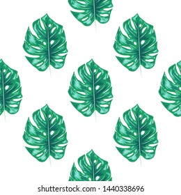 Tropical leaf design featuring blue Monstera plant leaves. Seamless pattern.