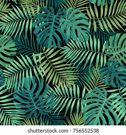 Tropical leaf design featuring green palm and Monstera plant leaves on a black background. Seamless vector repeating pattern.