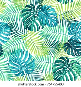 Tropical leaf design featuring green/blue palm and Monstera plant leaves on a white background. Seamless vector repeating pattern.