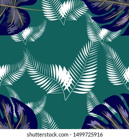 Tropical leaf design featuring navy Palm and blue Monstera plant leaves on a pink background. Seamless pattern.