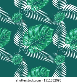 Tropical leaf design featuring navy Palm and blue Monstera plant leaves on a pink background. Seamless pattern.