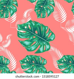 Tropical leaf design featuring navy Palm and blue Monstera plant leaves on a pink background. Seamless pattern.
