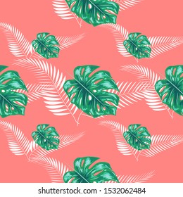 Tropical leaf design featuring navy Palm and Monstera plant leaves on pink background. Seamless pattern.