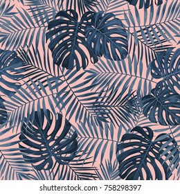 Tropical leaf design featuring navy blue Palm and Monstera plant leaves on a pink background. Seamless vector repeating pattern.
