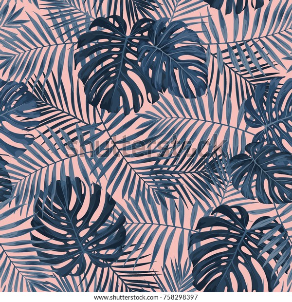 Tropical leaf design featuring navy blue Palm and Monstera plant leaves on a pink background. Seamless vector repeating pattern.