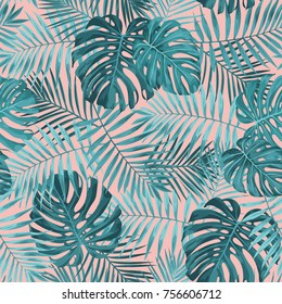 Tropical leaf design featuring teal green palm and Monstera plant leaves on a pink background. Seamless vector repeating pattern.