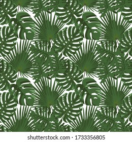 Tropical leaf design with a green palm and monstera plant leaves on a transparent background. Seamless vector repeating pattern. Design for printing fabric, clothes, bedding, wrapping paper