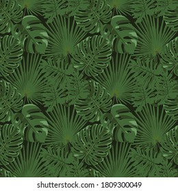 Tropical leaf design with a green palm and monstera plant leaves on a black background. Seamless vector repeating pattern. Design for printing fabric, clothes, bedding, wrapping paper
