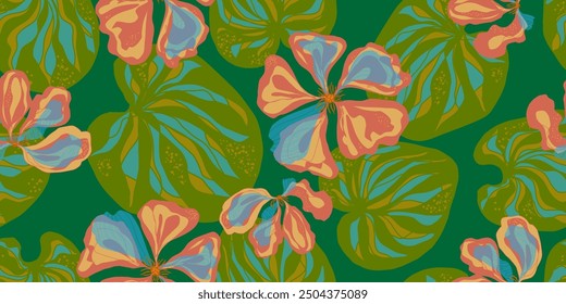 Tropical Leaf and Exotic Flower Pattern Vibrant Jungle Inspired Botanical Design

