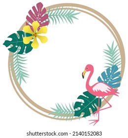 Tropical leaf and flamingo, Round flame vector.