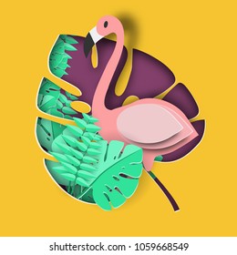 Tropical leaf and Flamingo Summer Banner,Paper art graphic Background