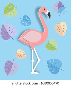 Tropical leaf and Flamingo Summer Banner,Paper art graphic Background
