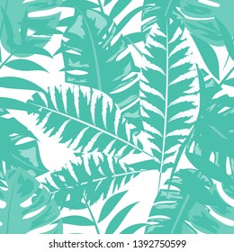 Tropical leaf floral seamless pattern. Background with tropical leaves. Exotic print for swimsuits. Floral seamless pattern.