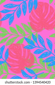 Tropical leaf floral seamless pattern. Background with tropical leaves. Exotic print for swimsuits. Floral seamless pattern.