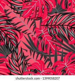Tropical leaf floral seamless pattern. Background with tropical leaves. Exotic print for swimsuits. Floral seamless pattern.
