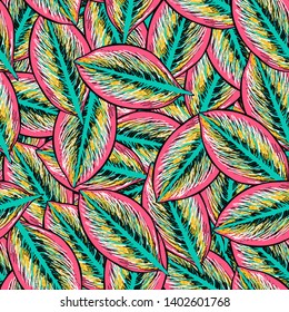 Tropical leaf floral seamless pattern. Background with tropical leaves. Exotic print for swimsuits. Floral seamless pattern.