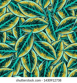 Tropical leaf floral seamless pattern. Background with tropical leaves. Exotic print for swimsuits. Floral seamless pattern.