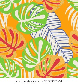 Tropical leaf floral seamless pattern. Background with tropical leaves. Exotic print for swimsuits. Floral seamless pattern.