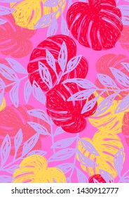 Tropical leaf floral seamless pattern. Background with tropical leaves. Exotic print for swimsuits. Floral seamless pattern.