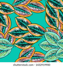 Tropical leaf floral seamless pattern. Background with tropical leaves. Exotic print for swimsuits. Floral seamless pattern.