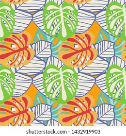 Tropical leaf floral seamless pattern. Background with tropical leaves. Exotic print for swimsuits. Floral seamless pattern.