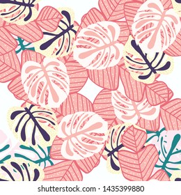 Tropical leaf floral seamless pattern. Background with monstera, banana tropical leaves. Exotic print for swimsuits. Floral seamless pattern.