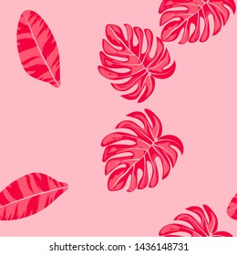 Tropical leaf floral seamless pattern. Background with monstera, banana tropical leaves. Exotic print for swimsuits. Floral seamless pattern.