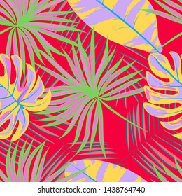 Tropical leaf floral seamless pattern. Background with monstera, banana tropical leaves. Exotic print for swimsuits. Floral seamless pattern.