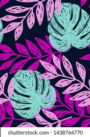 Tropical leaf floral seamless pattern. Background with monstera, banana tropical leaves. Exotic print for swimsuits. Floral seamless pattern.
