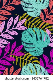 Tropical leaf floral seamless pattern. Background with monstera, banana tropical leaves. Exotic print for swimsuits. Floral seamless pattern.