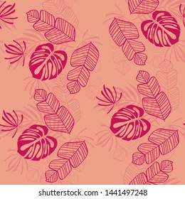 Tropical leaf floral seamless pattern. Background with monstera, banana tropical leaves. Exotic print for swimsuits. Floral seamless pattern.