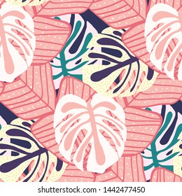 Tropical leaf floral seamless pattern. Background with monstera, banana tropical leaves. Exotic print for swimsuits. Floral seamless pattern.