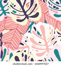 Tropical leaf floral seamless pattern. Background with monstera, banana tropical leaves. Exotic print for swimsuits. Floral seamless pattern.