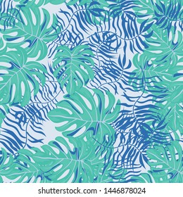 Tropical leaf floral seamless pattern. Background with monstera, banana tropical leaves. Exotic print for swimsuits. Floral seamless pattern.