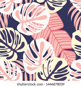 Tropical leaf floral seamless pattern. Background with monstera, banana tropical leaves. Exotic print for swimsuits. Floral seamless pattern.