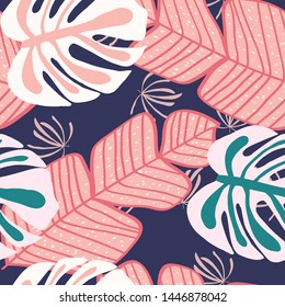 Tropical leaf floral seamless pattern. Background with monstera, banana tropical leaves. Exotic print for swimsuits. Floral seamless pattern.