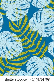 Tropical leaf floral seamless pattern. Background with monstera, banana tropical leaves. Exotic print for swimsuits. Floral seamless pattern.